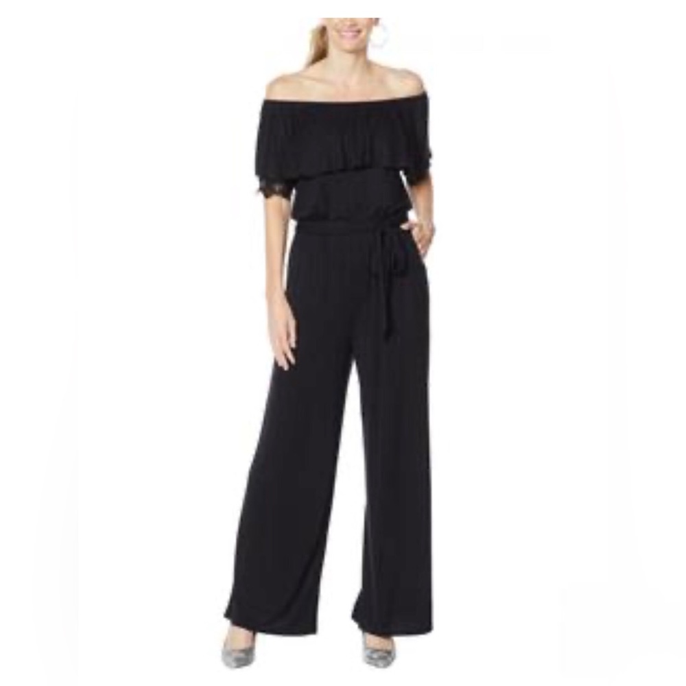 Colleen Lopez Off the Shoulder, with lace, jersey knit Jumpsuit, Black, L